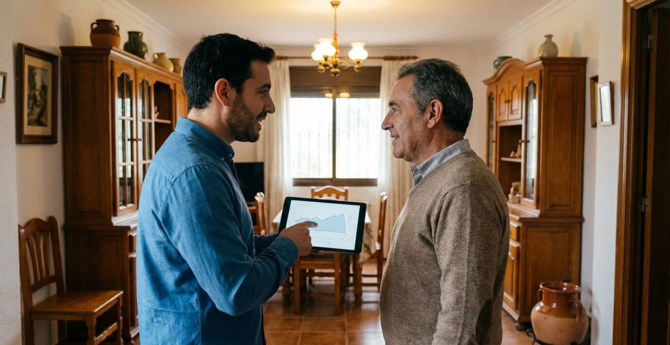 Experto inmobiliario explicando valoración a propietario español