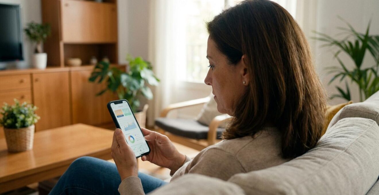 Propietaria española consultando valoración de vivienda en móvil