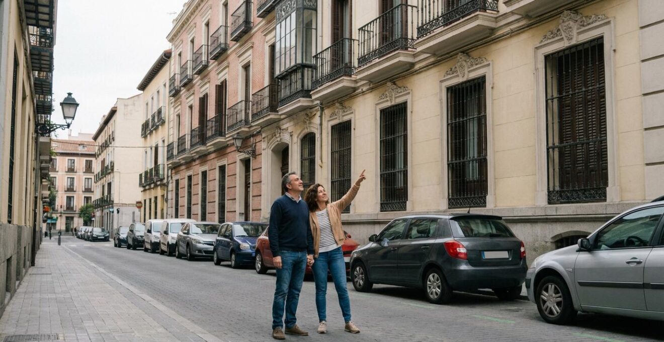 Pareja española valorando vivienda en calle residencial típica