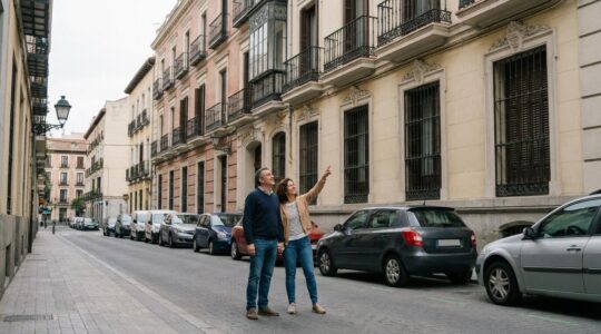 Pareja española valorando vivienda en calle residencial típica