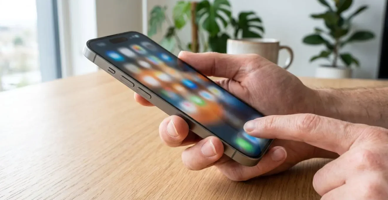 Primer plano de unas manos sosteniendo un smartphone que muestra una interfaz de aplicación inmobiliaria con la pantalla completamente difuminada sobre una mesa de madera moderna