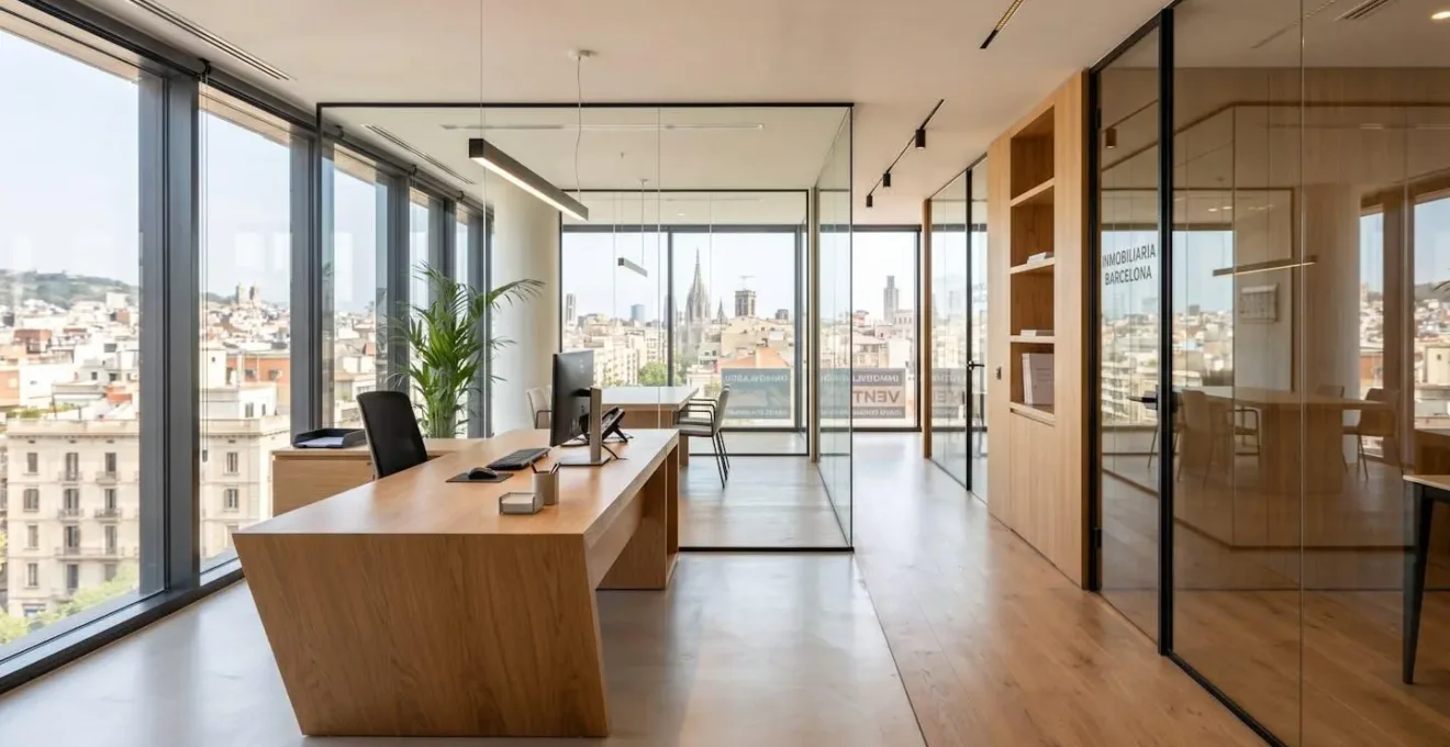 Interior vacío de una oficina de agencia inmobiliaria contemporánea en Barcelona con grandes ventanales, particiones de cristal y escritorio de madera con luz natural abundante