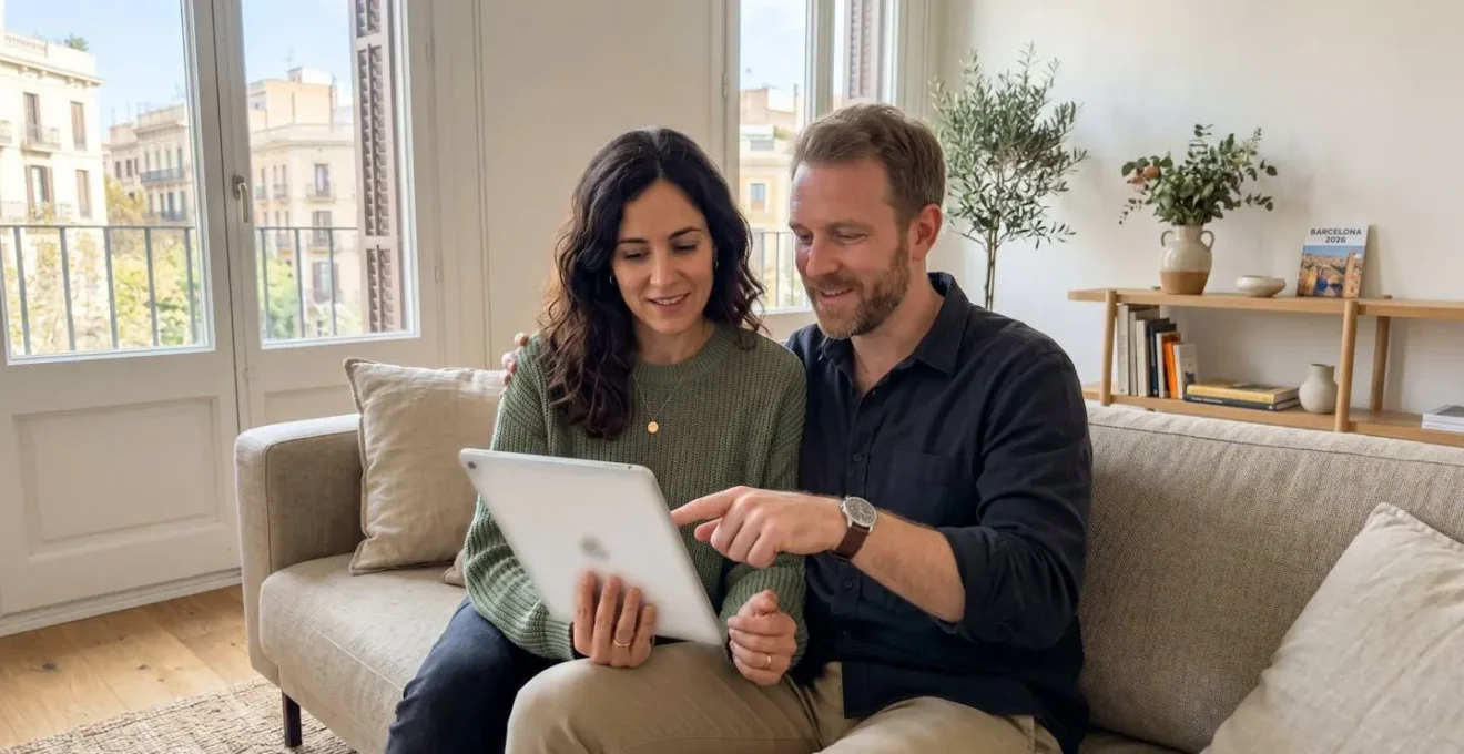 Una pareja de unos 35 años sentada en un sofá moderno mira junta una tableta en un salón luminoso de un apartamento barcelonés