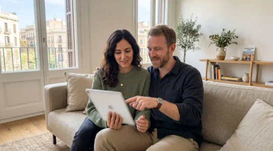 Una pareja de unos 35 años sentada en un sofá moderno mira junta una tableta en un salón luminoso de un apartamento barcelonés